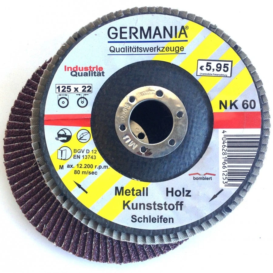 Fächerscheibe 125x22,23 NK60 bombiert Fächer Schleifscheibe Lamellenscheibe Fächerscheibe 125x22,23 NK60 Bombiert Fächer Schleifscheibe Lamellenscheibe -Germania 5364 faeaecher 125 nk60