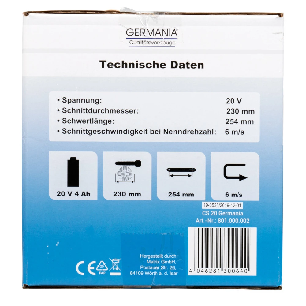 GERMANIA Plattform Akku Kettensäge 20 V GERMANIA Plattform Akku Kettensäge 20 V -Germania